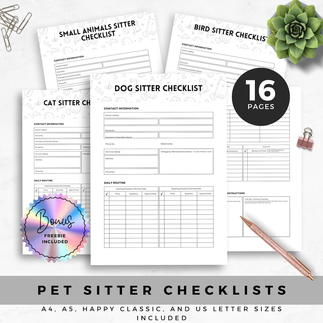 Pet Sitter Checklists Printable Dog Sitter Guide Small Animals Sitter Responsibilities for Pet ...