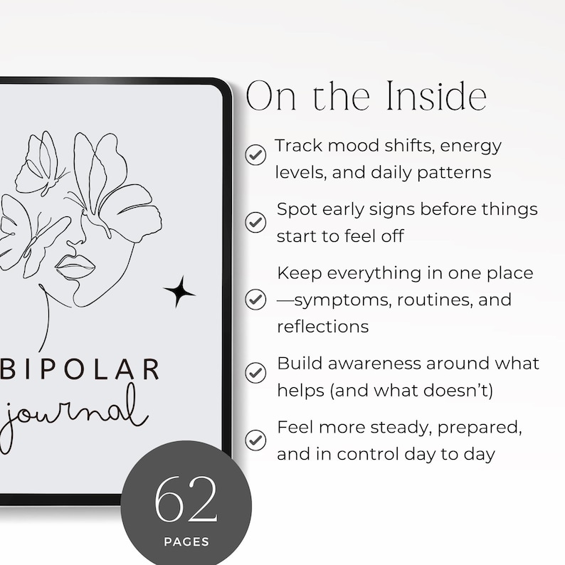 mental health journal printable for bipolar support and stability
bipolar workbook printable with mood log and symptom tracker