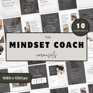 Könnte beinhalten: Eine Sammlung von 10 Mindset Coach Karussells, jeweils mit dunklem grauem Hintergrund und weißem Text. Die Karussells enthalten motivierende Zitate und Ratschläge, mit dem Titel "The Mindset Coach".