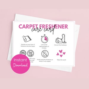Tapijtverfrisser Zorgkaart Tapijtverfrisserverzorging Tapijtverfrisser Label voor tapijtverfrisser Instructies voor geurpoeder Tapijtstof