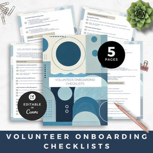 May include: A set of five printable volunteer onboarding checklists with a blue, white and grey geometric pattern. The checklists include sections for orientation materials preparation, communication of start date and expectations, initial application and documentation, background check and references, legal compliance and risk management, ongoing training and development, role-specific training, mentorship and peer support, and different volunteer types.