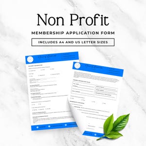 May include: Two membership application forms with blue accents and the text "Non Profit" at the top. The forms include sections for payment information and member details. The text "Includes A4 and US Letter Sizes" is also visible.