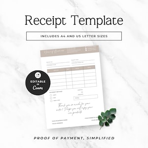 May include: A printable receipt template document featuring a beige header, black text fields for business details, service lists, and payment methods, with a black circular badge stating Editable in Canva and a small green leaf sprig accent.
