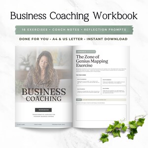 Peut inclure: Un cahier d'exercices de coaching d'affaires avec 16 exercices, des notes de coach et des invites de réflexion. La couverture affiche le texte Business Coaching et The Zone of Genius Mapping Exercise, avec un espace pour le nom du client.