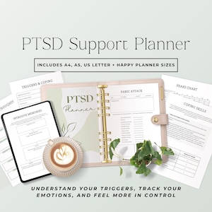 Diario de recuperación de TEPT, planificador imprimible de terapia de trauma para la ansiedad, seguimiento de ataques de pánico, registro del estado de ánimo, habilidades de afrontamiento, libro de trabajo de salud mental (PDF)