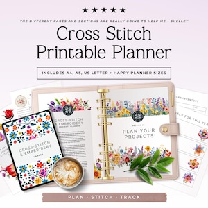 Könnte beinhalten: Ein druckbarer Kreuzstich-Planer mit Blumenillustrationen, bestehend aus einem Tablet mit dem Cover, einem offenen Ringbuch und losen Seiten. Text: "Cross Stitch Printable Planner", "Plan Your Projects" und "Plan Stitch Track".