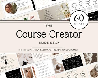 May include: A digital slide deck template titled The Course Creator featuring 60 slides with a neutral color palette. The layout includes various sections for headers, charts, statistics, and author profiles with placeholders for images and text.