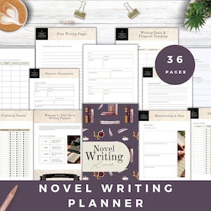 以下が含まれることがあります： 36ページの印刷可能な小説執筆プランナー。プランナーには、キャラクター開発、出版、ブレインストーミング、執筆目標のセクションが含まれています。表紙には、ビンテージタイプライター、コーヒーカップ、本が積み重ねられています。