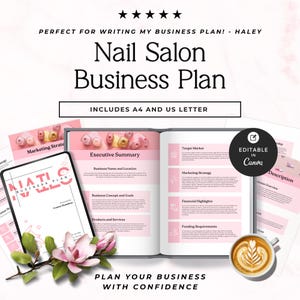 May include: A digital nail salon business plan template featuring a cover page, executive summary, and marketing strategy sections. The document includes text, pink accents, and a black circular badge labeled Editable in Canva.