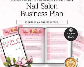Op de afbeelding: Een digitaal businessplan-sjabloon voor een nagelsalon met een voorpagina, samenvatting en marketingstrategie. Het document bevat tekst, roze accenten en een zwarte ronde badge met de tekst Editable in Canva.