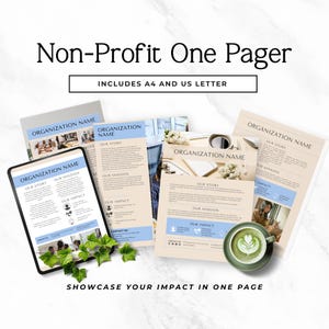 Puede incluir: Un conjunto de plantillas digitales titulado Non-Profit One Pager, que incluye formatos A4 y US Letter. Los documentos presentan secciones para el nombre de la organización, historia, misión e impacto, mostrados en una tableta y hojas impresas.