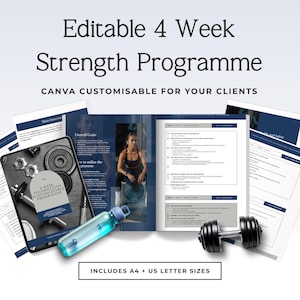 Peut inclure: Un modèle de programme de renforcement musculaire de 4 semaines modifiable sur Canva, comprenant plusieurs pages avec du texte, des listes d'exercices et des images de fitness. Inclut une gourde bleue et un haltère noir, format A4 et US letter.