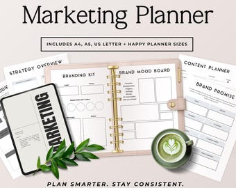 Planificador de marketing imprimible en PDF / Calendario de contenido / Cuaderno de estrategia de marca / Seguimiento de campañas / Marketing para pequeñas empresas / Formatos A4 y Carta estadounidense