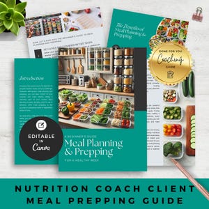 May include: A green and white guide for meal planning and prepping with a photo of a kitchen counter filled with containers of prepped food. The guide is titled "A Beginner's Guide to Meal Planning & Prepping for a Healthy Week".
