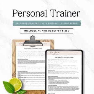 Può includere: Un appunti con un "Modulo di consenso informato" e un tablet con lo stesso modulo. Il testo include "Personal Trainer", "Completamente modificabile" e "Include formati A4 e US Letter". Un limone e delle foglie sono in basso a sinistra.