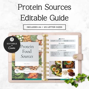 May include: A light pink binder containing an editable Protein Sources guide. The pages feature text, food photography, and charts listing protein content. A black circular badge reads Editable in Canva. Includes A4 and US letter sizes.