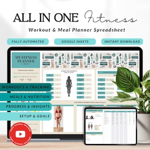 May include: A digital screen displaying a fitness planner spreadsheet with the title "My Fitness Planner 2025". The spreadsheet includes sections for workouts, meals, progress, and goals. The screen is on a desk with a plant in the background.