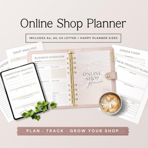 May include: A beige online shop planner with gold spiral binding, open to a business overview page. Includes a tablet with competitor analysis, and a cup of coffee. Text reads "Online Shop Planner" and "Plan, Track, Grow Your Shop."