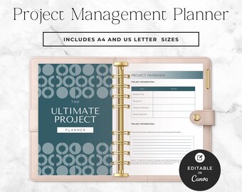 Projektmanagement-Planer-Vorlage, digitaler Projektplaner, Canva bearbeitbarer Geschäftsaufgaben- und Arbeitsablauf-Tracker für Projektleiter