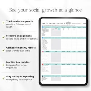May include: A digital tablet displays a social media analytics spreadsheet. The text reads "See your social growth at a glance." Key metrics include audience growth, engagement, monthly results, and key metrics. The tablet is black with a white border.