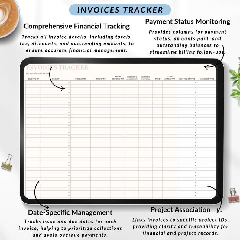 Editable task tracker for remote virtual assistants
Client project management template for service-based businesses