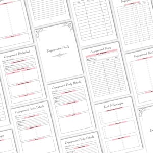 K&ouml;nnte beinhalten: Eine Sammlung von wei&szlig;en Verlobungsplaner-Bl&auml;ttern mit schwarzem Text und hellrosa Akzentbalken. Die Seiten enthalten &Uuml;berschriften wie Engagement Party, Engagement Photoshoot, Gift Registry und Food & Beverages mit verschiedenen Checklisten, Tabellen und leeren Zeilen zur Organisation von Veranstaltungsdetails.