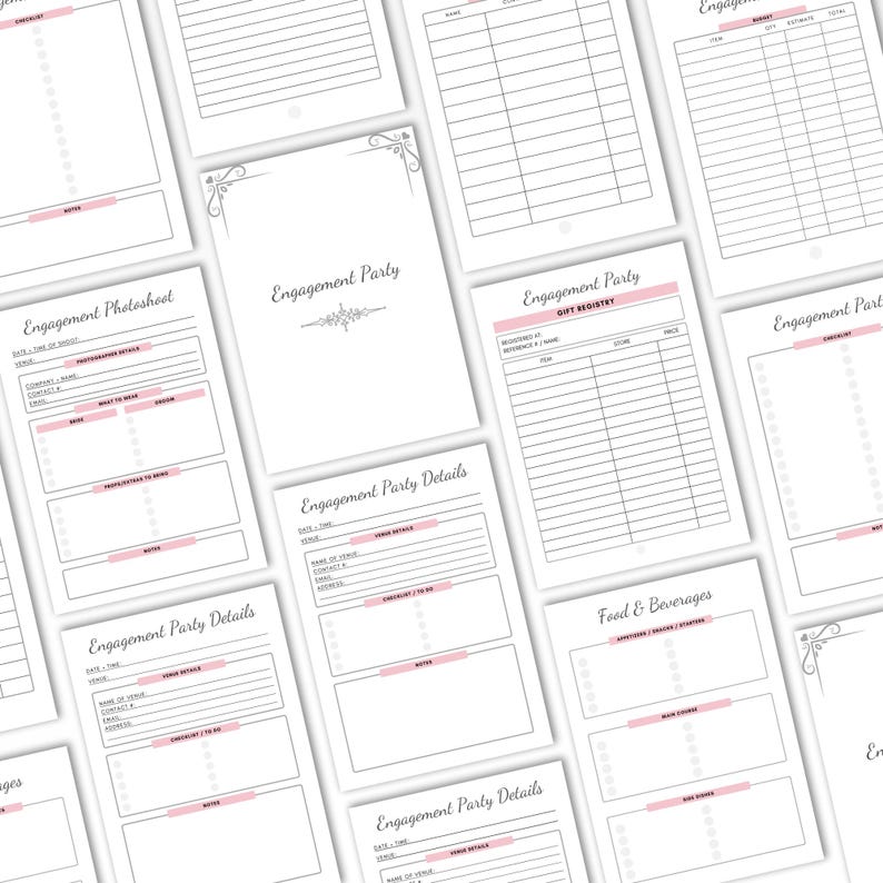 K&ouml;nnte beinhalten: Eine Sammlung von wei&szlig;en Verlobungsplaner-Bl&auml;ttern mit schwarzem Text und hellrosa Akzentbalken. Die Seiten enthalten &Uuml;berschriften wie Engagement Party, Engagement Photoshoot, Gift Registry und Food & Beverages mit verschiedenen Checklisten, Tabellen und leeren Zeilen zur Organisation von Veranstaltungsdetails.