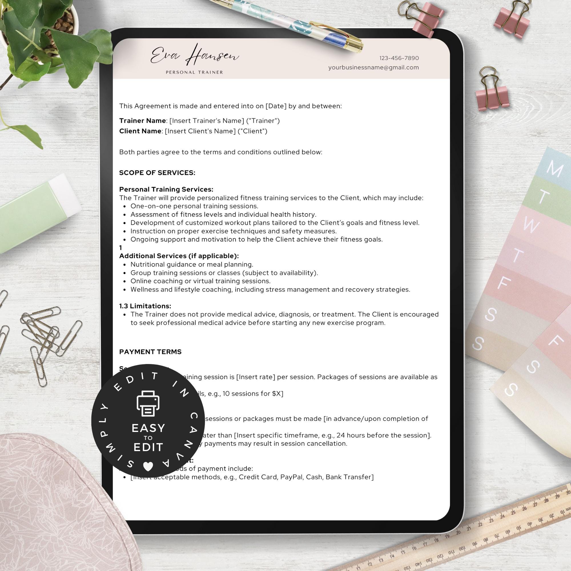 Personal Trainer Contract Template Editable Fitness Agreement Form for