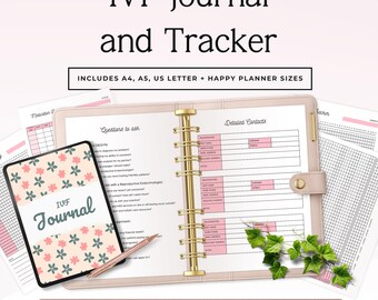 May include: An IVF Journal and Tracker set featuring a blush pink binder with gold rings, a floral-patterned journal cover, and various printed pages including medication logs and contact lists. Text includes "IVF Journal and Tracker" and "INCLUDES A4, A5, US LETTER + HAPPY PLANNER SIZES".