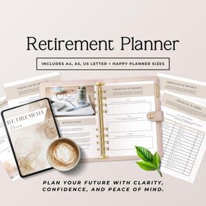 May include: A light pink retirement planner with gold accents, open to a spread with a calculator, glasses, and money. The planner includes A4, A5, US Letter, and Happy Planner sizes. A tablet and a cup of coffee are also in the image.