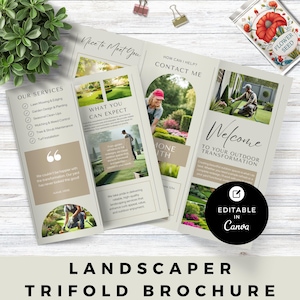 Modèle de brochure d'aménagement paysager modifiable pour toile, entretien de la pelouse à trois volets, brochure de marketing pour les services de jardinage, formats A4 et lettre US
