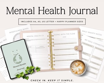 May include: A light pink binder journal with gold accents, open to reveal lined pages. A tablet with a green cover and the words "Mental Health Journal" is on the left. The image includes the text "Mental Health Journal" and "Check in. Keep it simple. Stay consistent."
