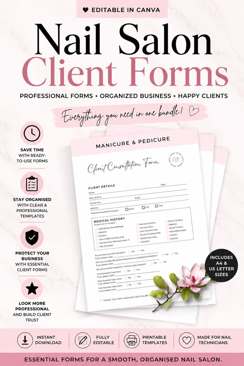 May include: A set of editable nail salon client forms featuring a manicure and pedicure consultation template. The document includes sections for client details and medical history, with pink accents and a magnolia flower graphic.