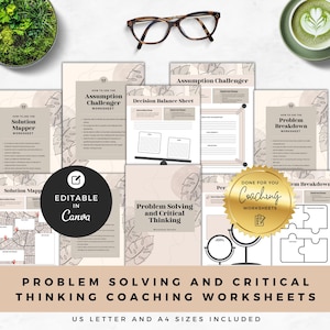 Op de afbeelding: Een set printbare coaching-werkbladen voor probleemoplossing en kritisch denken. De werkbladen zijn ontworpen om individuen te helpen hun vaardigheden op deze gebieden te ontwikkelen. De werkbladen zijn bewerkbaar in Canva en bevatten een verscheidenheid aan activiteiten en oefeningen.
