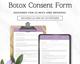 May include: A Botox Consent Form document template for clinics and medspas, including A4 and US letter sizes. The document features a purple header, client information fields, procedure overview, risks, and medical history sections on white paper.