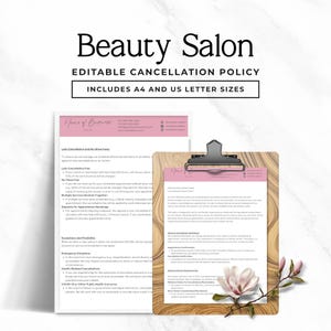 Może przedstawiać: Szablon polityki anulowania salonu piękności z tekstem "Beauty Salon" i "Edytowalna polityka anulowania". Zawiera formaty A4 i US Letter. Dokument znajduje się na drewnianej tablicy z różowym kwiatem.