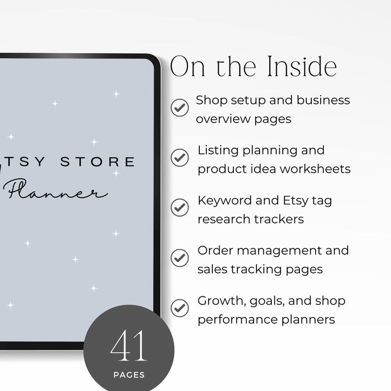 Etsy seller planning workbook for shop organization
Etsy business planner pages for listings and keywords