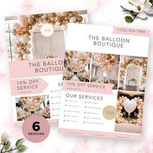 Modelos de panfletos para artistas de balões Pacote de negócios com balões de casamento Modelos editáveis de marketing com balões Serviços de design de balões Menu