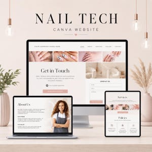 Puede incluir: Maqueta digital de un sitio web de técnico de uñas, que se muestra en una computadora portátil, un monitor de escritorio y una tableta. El sitio web presenta secciones para servicios, políticas e información de contacto. El texto "NAIL TECH CANVA WEBSITE" está en la parte superior.