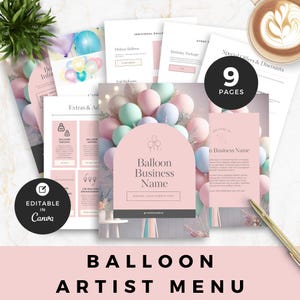 Modello di menu per artisti di palloncini Portfolio di design di palloncini Libro di design aziendale di palloncini modificabile Listino prezzi stampabile Catalogo per palloncini