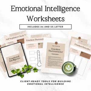 May include: A collection of Emotional Intelligence Worksheets featuring beige and white pages with text including Emotion Thermometer and Emotion Detective. The set includes A4 and US Letter sizes, accompanied by a green cup of latte with leaf art.