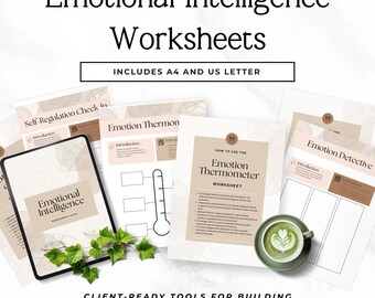 May include: A collection of Emotional Intelligence Worksheets featuring beige and white pages with text including Emotion Thermometer and Emotion Detective. The set includes A4 and US Letter sizes, accompanied by a green cup of latte with leaf art.