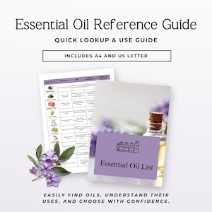 Puede incluir: Una guía de referencia de aceites esenciales con el texto "Essential Oil Reference Guide" y "Quick Lookup & Use Guide". Incluye una "Essential Oil List" y una botella de aceite. La guía incluye tamaños A4 y US Letter.