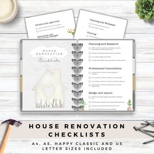 May include: A printable house renovation checklist in a grey and white colour scheme. The checklist includes sections for permits and approvals, demolition and structural changes, painting and wallpaper, flooring, planning and research, professional consultation, design and layout. The checklist is designed for A4, A5, Happy Classic and US Letter sizes.
