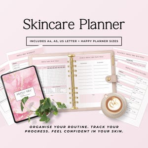 May include: A skincare planner with the title "Skincare Planner" in black font. The planner includes A4, A5, US Letter, and Happy Planner sizes. The image shows a pink and gold planner, a tablet, and other skincare routine sheets.