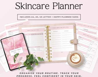 May include: A skincare planner with the title "Skincare Planner" in black font. The planner includes A4, A5, US Letter, and Happy Planner sizes. The image shows a pink and gold planner, a tablet, and other skincare routine sheets.