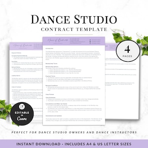 Dance Studio Contract Template, Editable Dance Instructor Agreement, Membership and Workshop Service Contract Form