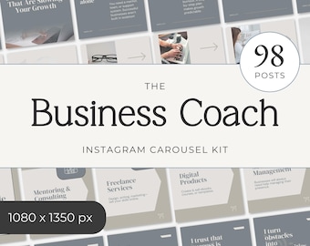 Puede incluir: Un kit de carrusel de Instagram para coaches de negocios. El diseño presenta una combinación de colores gris claro y blanco con el texto "The Business Coach" e "Instagram Carousel Kit". La imagen incluye 98 publicaciones y varios temas relacionados con los negocios.