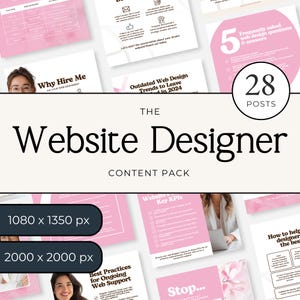 Pode incluir: Um pacote de conteúdo digital intitulado The Website Designer com 28 publicações em layouts rosa e branco. A coleção inclui gráficos baseados em texto, tabelas informativas e fotografias, com dimensões visíveis de 1080 x 1350 px e 2000 x 2000 px.
