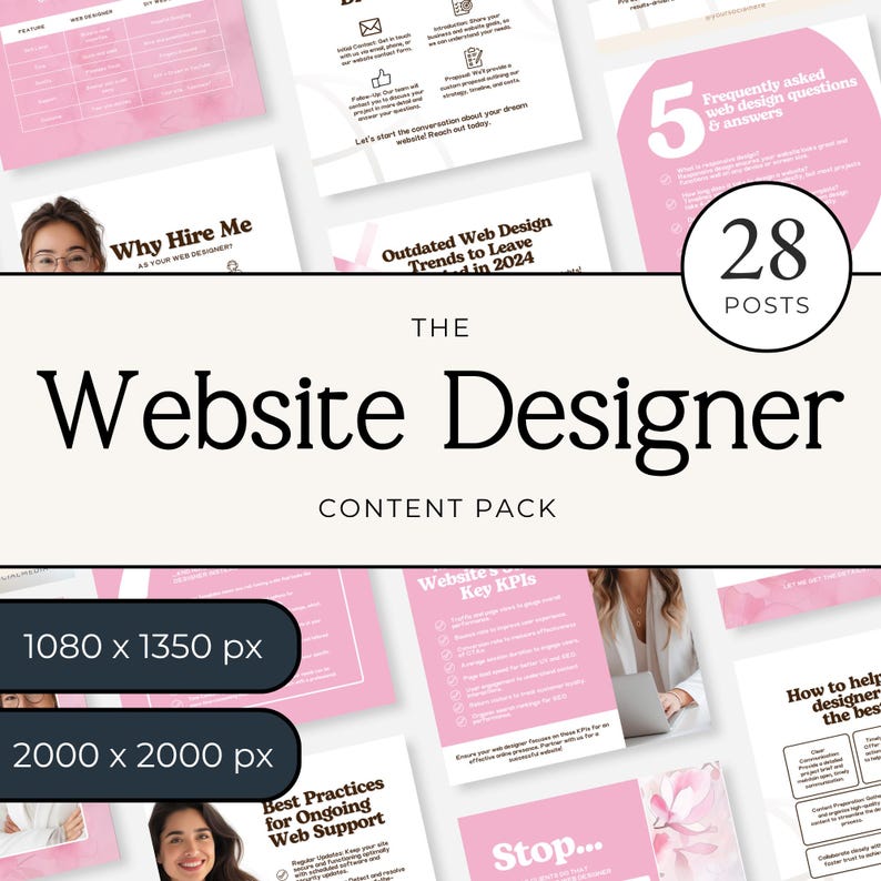 Pu&ograve; includere: Un pacchetto di contenuti digitali intitolato The Website Designer che include 28 post con layout rosa e bianchi. La collezione contiene grafiche basate su testo, tabelle informative e fotografie, con dimensioni visibili di 1080 x 1350 px e 2000 x 2000 px.
